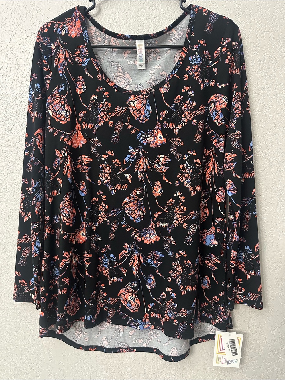 Women’s Black Floral Long-Sleeve Top - Coral & Blue